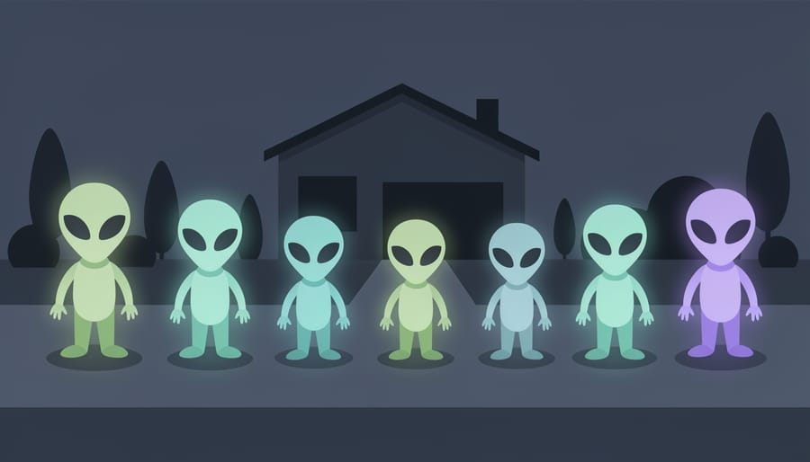Space-themed Halloween yard display with glowing UFO and alien inflatables at night