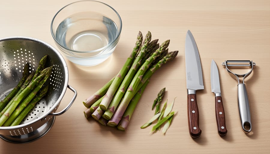 Fresh asparagus spears on a cutting board with a knife and vegetable peeler next to them.
