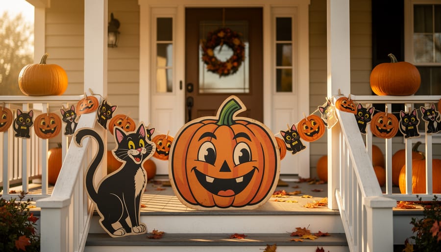 Vintage-style Halloween porch decorations with a jack-o’-lantern cutout, grinning cat figures, and paper garlands in warm golden light.