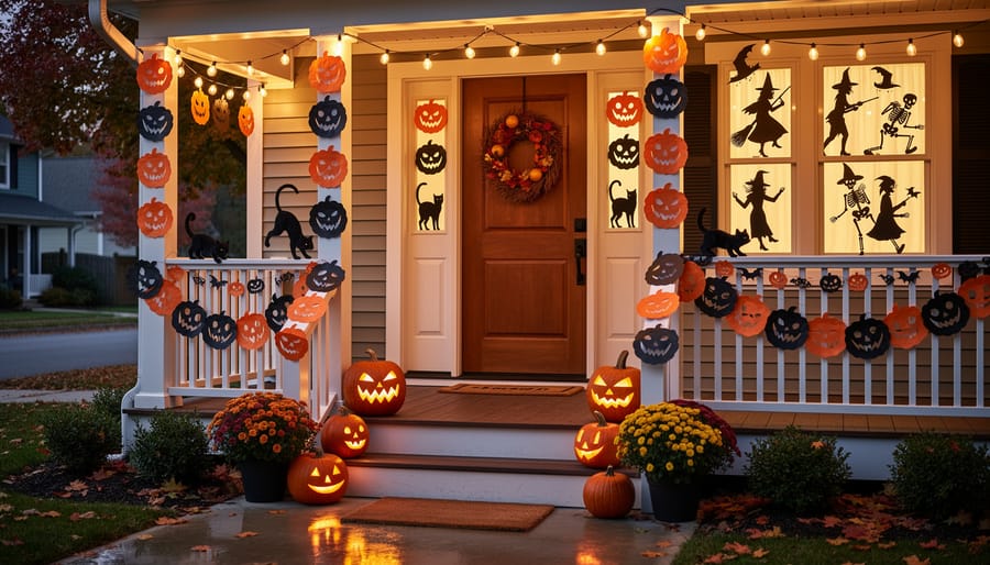 Vintage-style Beistle Halloween decorations arranged on a wooden front porch railing at dusk.