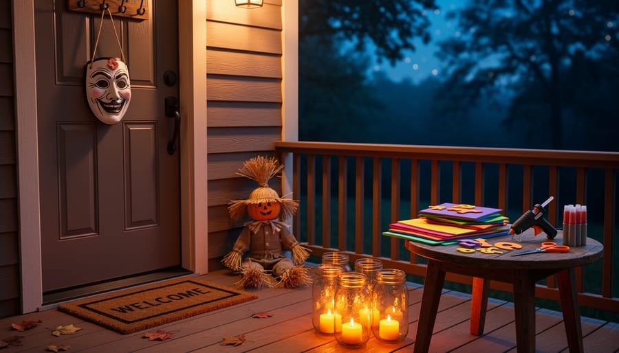 DIY Halloween decorations on a front porch with hand-crafted foam mask, mason jar LED candles, and craft supplies on a table.