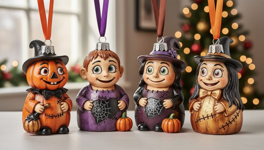 Hallmark Keepsake ornaments featuring Citizens of Halloween Town displayed indoors on a mantel.