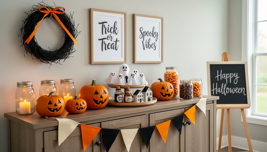 A cohesive DIY Halloween decoration display featuring skeleton, tombstones, glowing lights, pumpkins, yard signs, and window clings