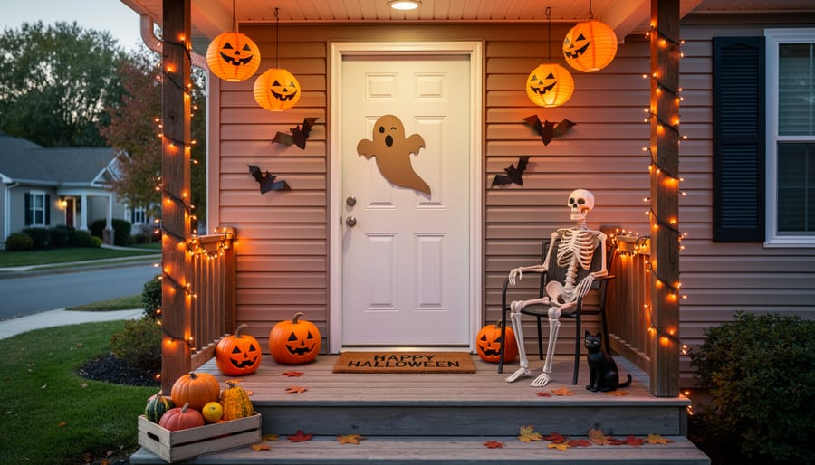 Cozy Halloween front porch decorated with small pumpkins and a ghost decoration in warm golden light