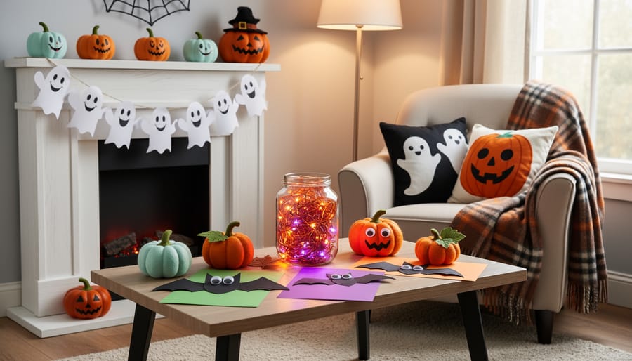 Close-up of DIY Halloween craft materials on a table, including a painted smiling pumpkin and a softly lit jar lantern.