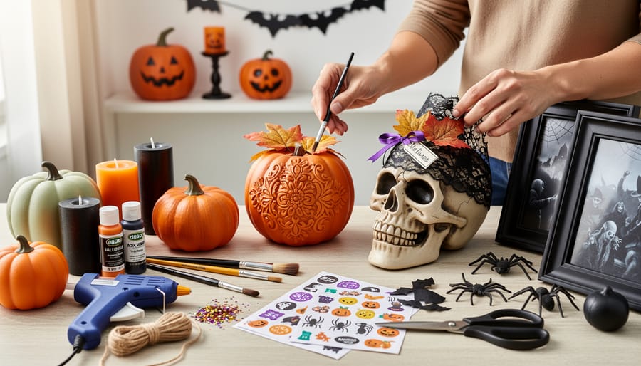 Person’s hands customizing skeleton hand decorations with black tulle and creepy cloth on a worktable.