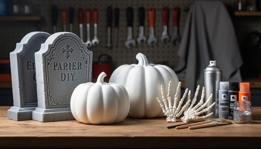 Unfinished foam tombstones, blank papier-mâché pumpkins, and paintable resin skeleton hands arranged on a garage workbench with acrylic paint and craft tools nearby.