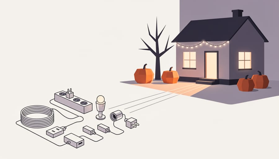 Outdoor DIY Halloween lighting and power accessories arranged on a porch table