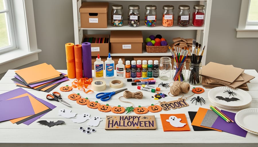 Overhead view of DIY Halloween craft supplies on a table including mason jars, foam board, paint, fabric, and LED candles