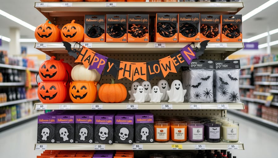Halloween décor display with skeleton figures, faux tombstones, and pumpkins arranged on a store shelf