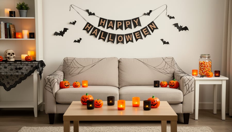 Indoors Halloween entryway decorated with small budget items like skulls, window clings, and skeleton hand decorations on a console table.