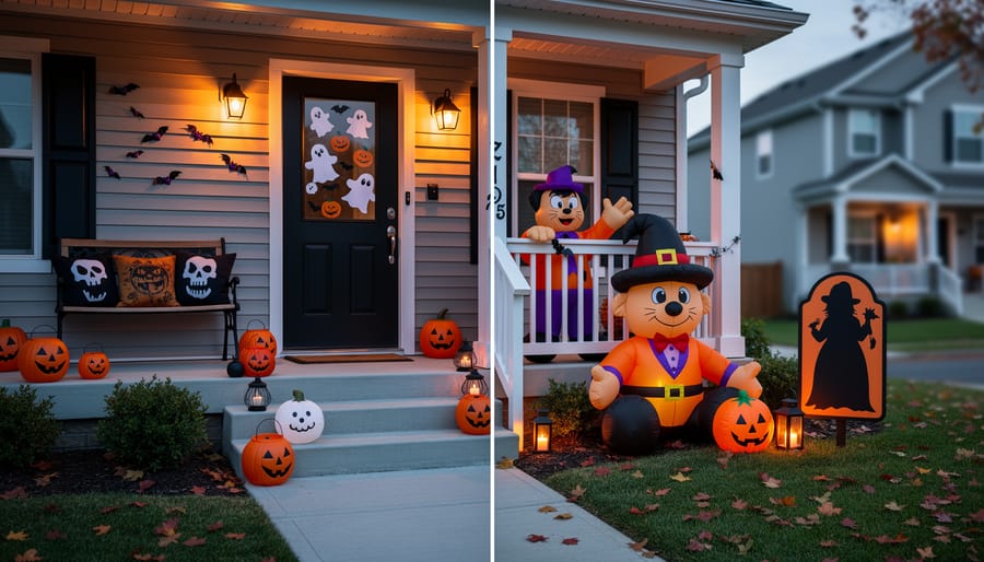 Split-view decorated Halloween front porch featuring small budget-style decor items beside larger big-box inflatables and yard decor.