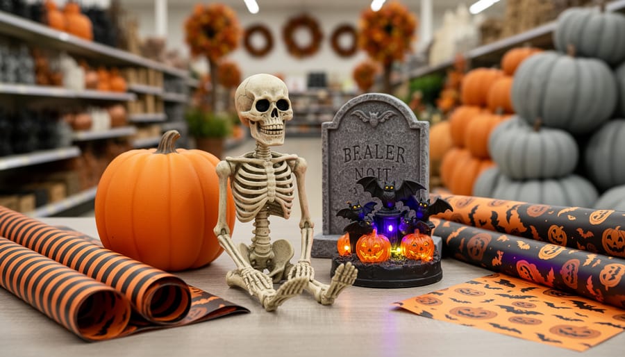 “Halloween décor display on a table with a tombstone prop, grinning skeleton, foam pumpkins, and a small light-up centerpiece in black-and-orange tones.”