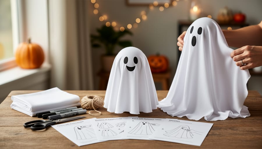 Fabric ghost decoration being adjusted by hands indoors with draped cloth and cords