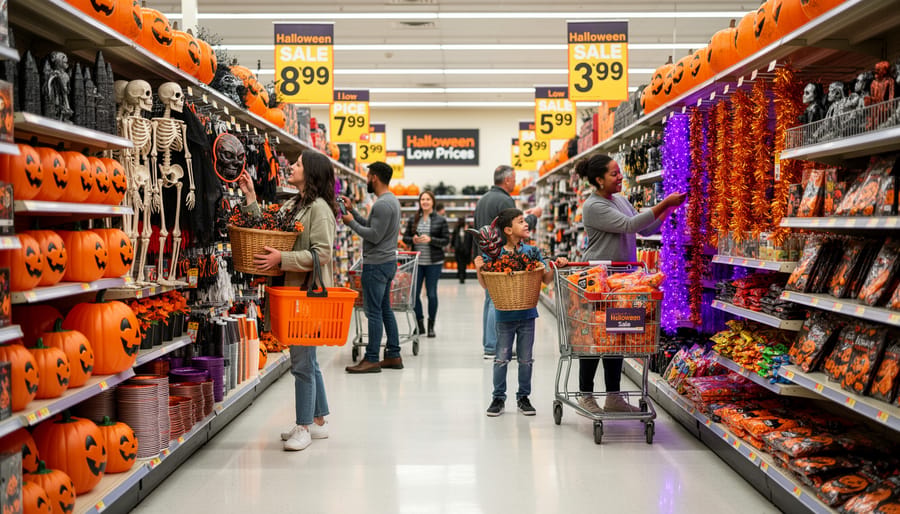 Parent and child browsing Halloween decorations in a retail store aisle