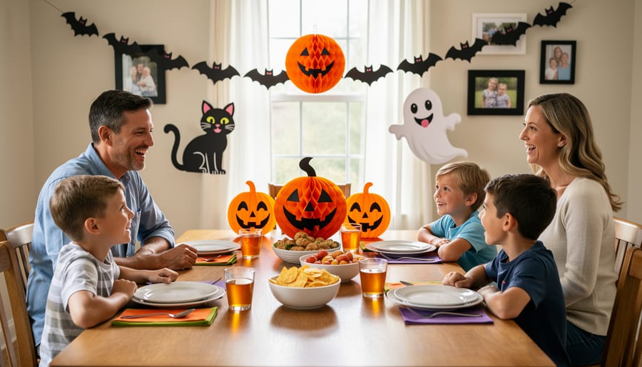 Family-friendly Halloween table setting with vintage-style decorations and a child in the background.