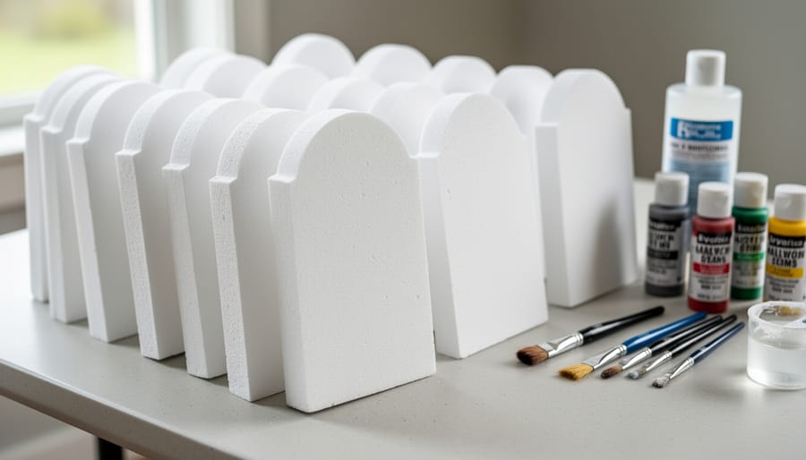 Hand painting foam tombstone blanks on a worktable for DIY Halloween decoration