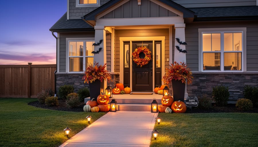 Front yard Halloween decorations with an inflatable skull and warm porch lighting at dusk