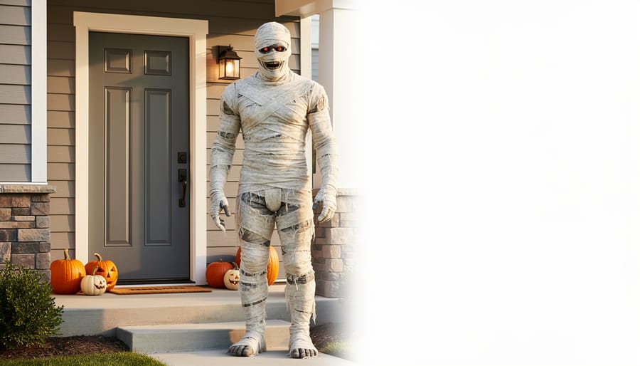 11 FT giant-sized mummy decoration standing in an indoor entryway hallway.