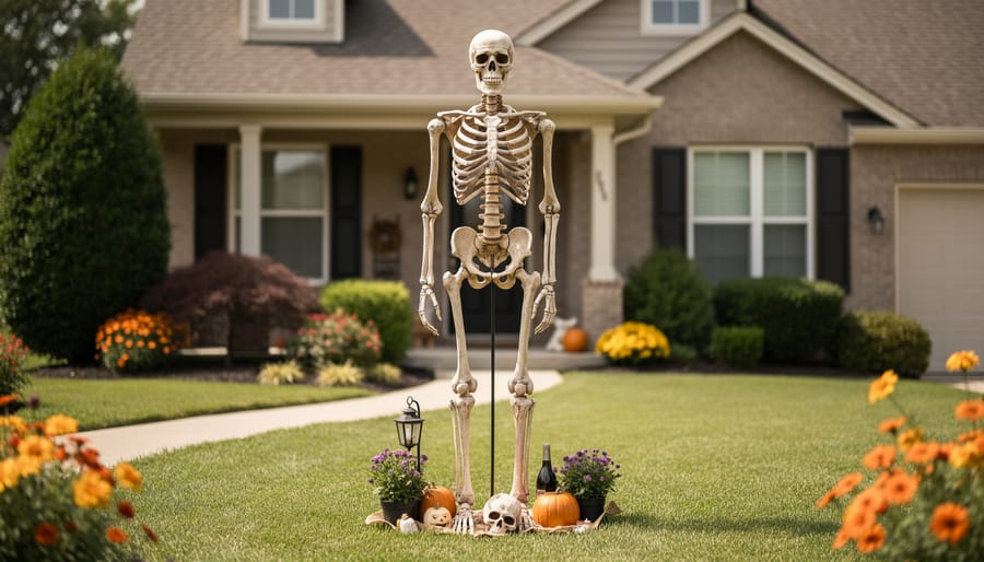 A giant skeleton frame styled with DIY clothing and props in a Halloween front yard at dusk