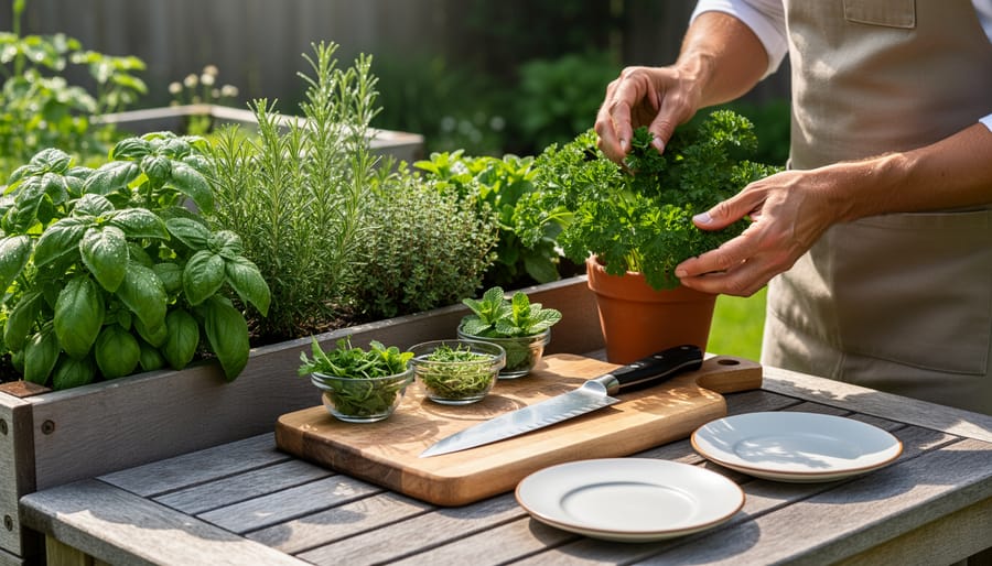 Hands harvesting fresh mint and basil from potted herbs for outdoor drinks