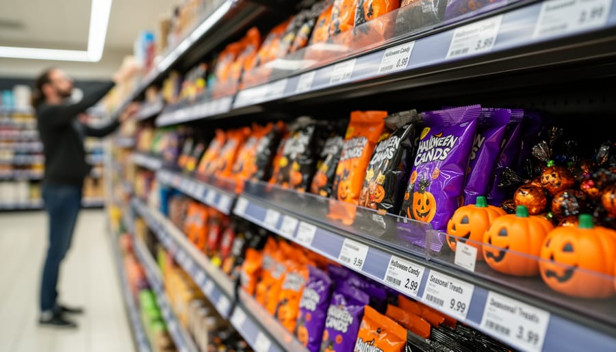 Close-up of hands holding Halloween candy and small party décor items