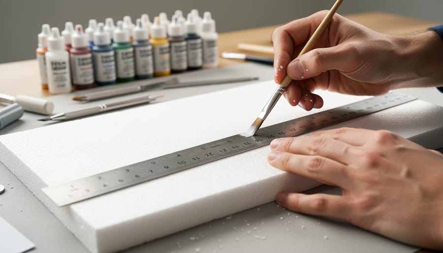 Close-up of hands painting a foam board haunted Halloween decoration with a paintbrush