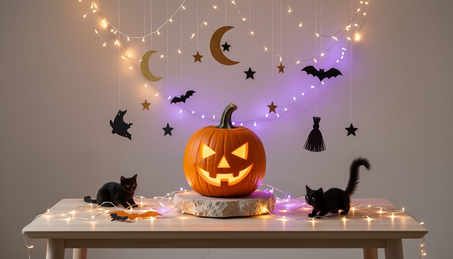 Layered Hocus Pocus-themed outdoor decorations with light-up accents near a doorway