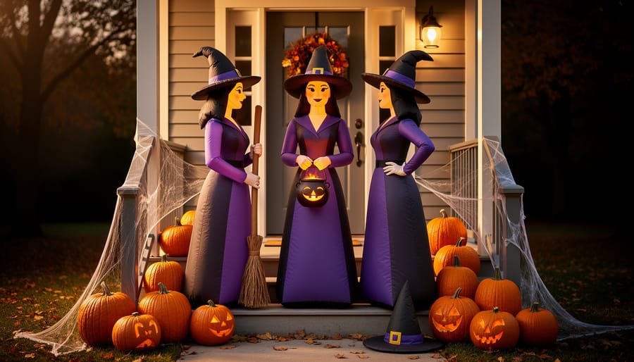 “Hocus Pocus–themed inflatable yard decoration on a Halloween front porch beside pumpkins and spiderweb accents.”