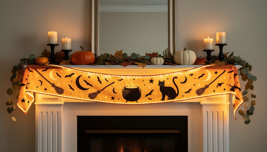 LED mantel scarf glowing across a fireplace mantel for Halloween decor