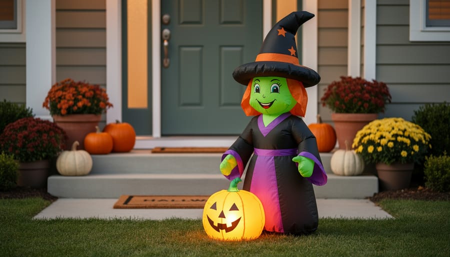 Compact Hocus Pocus inflatable with pumpkin decoration on a small porch
