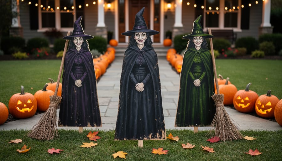 Sanderson Sisters cut-out yard art displayed in a front yard for Halloween