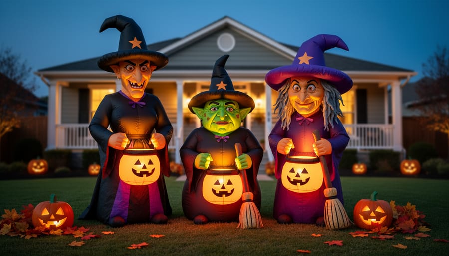 Hocus Pocus Sanderson Sisters scene inflatable glowing in a front yard at dusk