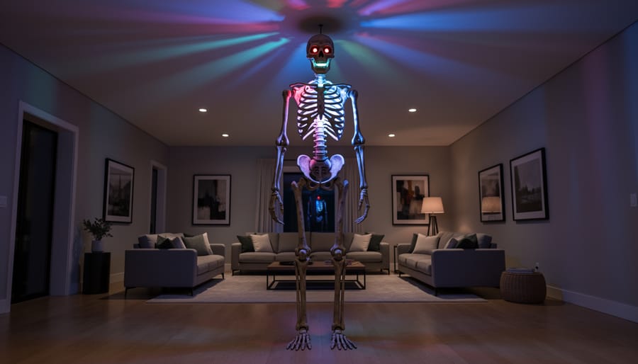 12 FT SKELLY animatronic skeleton displayed indoors in a spacious living room near an entryway.
