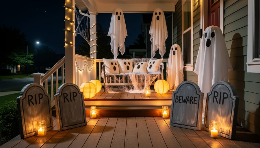 Homemade Halloween decorations on a front porch at dusk, including mason jar lanterns, foam tombstones, and hanging ghosts