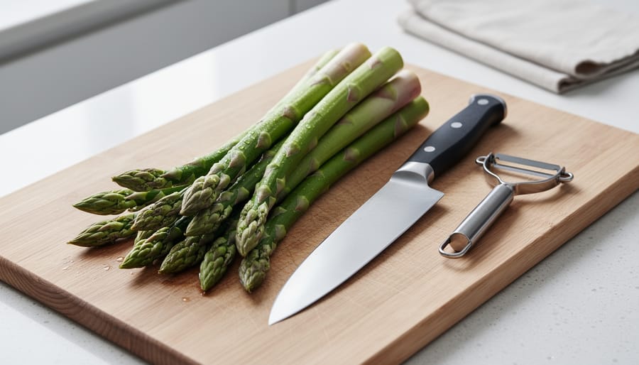 Fresh asparagus spears on a wooden cutting board with a knife and vegetable peeler arranged for trimming and peeling.