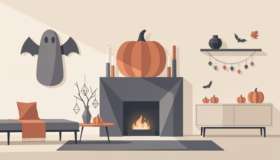 Coordinated indoor Halloween decorations across a living room and entry area with mixed statement and tabletop decor.
