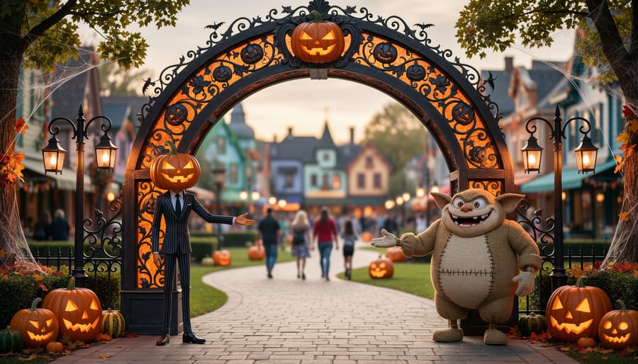 Jack Skellington and Oogie Boogie archway inflatable with pumpkins outdoors at night.