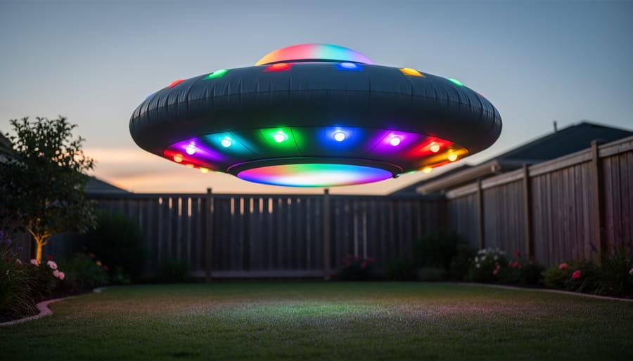 4.5-foot inflatable UFO with color-changing LEDs in a small yard at night