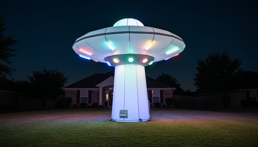 Large 9-foot inflatable UFO with built-in LEDs glowing in a front yard at night