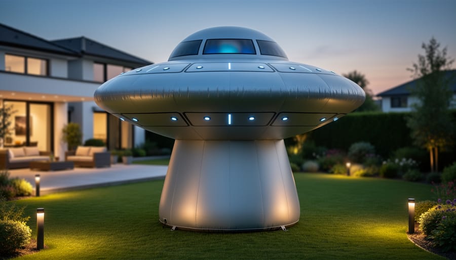 8.2-foot premium UFO inflatable with LEDs in a front yard at dusk