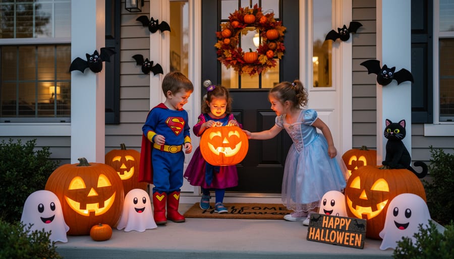 A parent and child viewing kid-friendly Halloween decorations in a hallway with warm string lights and pastel garlands.