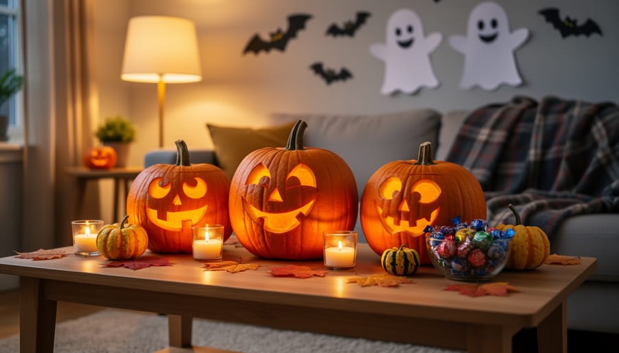 Kid-friendly Halloween decor in a cozy living room featuring a smiling pumpkin, a glowing ghost lantern, and a small cat figurine.