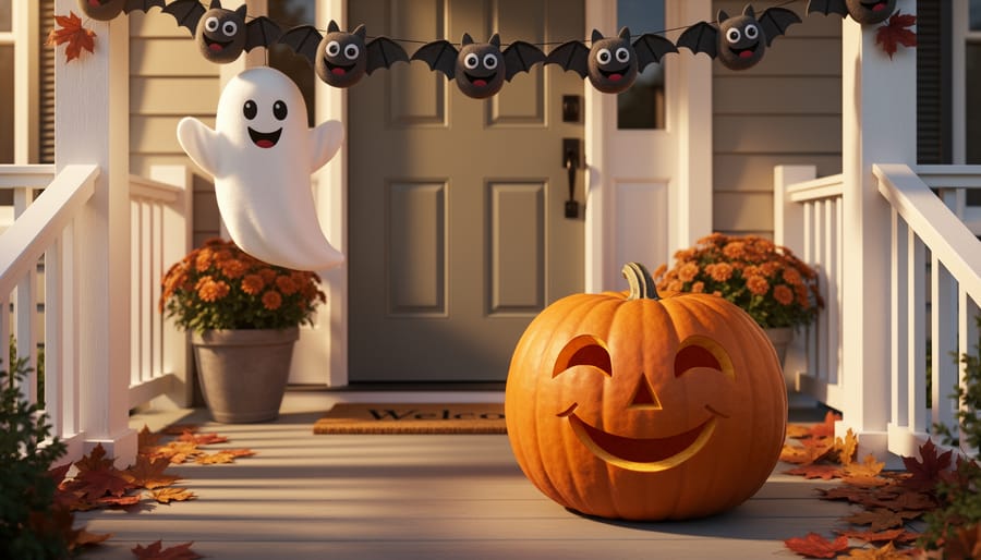 Kid-friendly Halloween decorations on a cozy porch, including a smiling pumpkin, friendly ghost, and cheerful bat garland under warm fall lighting.