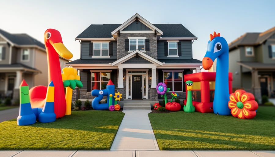 Family placing large Halloween inflatables in the driveway at night