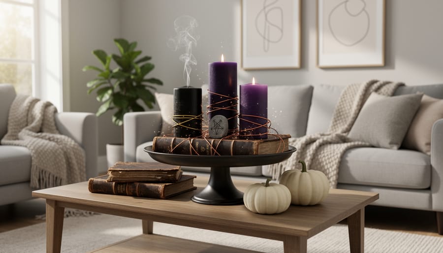 Elegant Halloween decor piece from Michaels’ Bound by Magic collection displayed on a living room mantel.