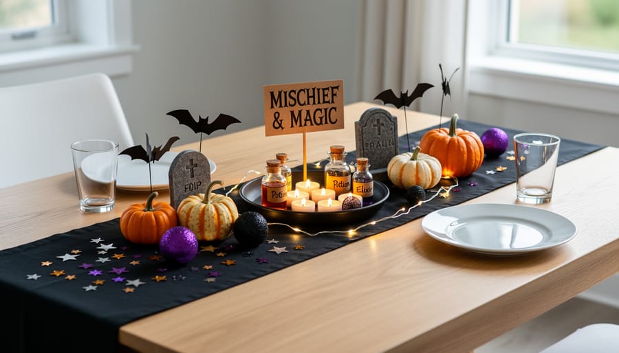 Budget-friendly Michaels Mischief & Magic tabletop decoration arranged on a dining table.