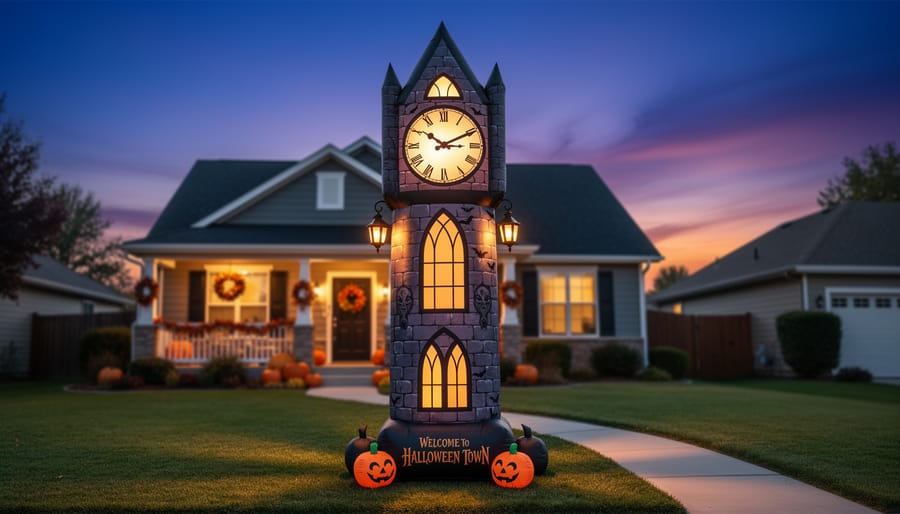 8-foot Nightmare Before Christmas Clock Tower House inflatable in a Halloween yard at night.