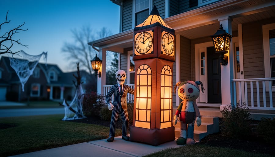 Dusk-lit front yard featuring an 8 ft Nightmare Before Christmas Clock Tower House inflatable, warm glowing lanterns, and small character decorations near the porch.