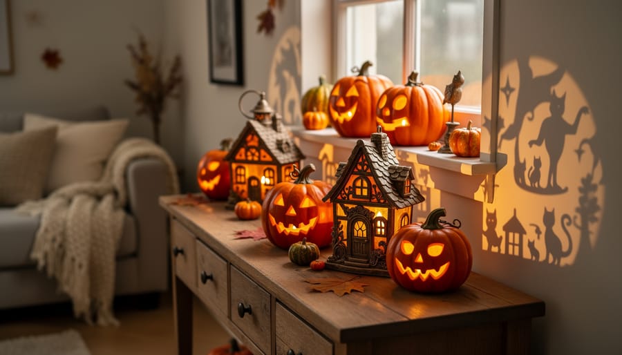 Lit Nightmare Before Christmas sculpted lantern decorations on a table indoors.